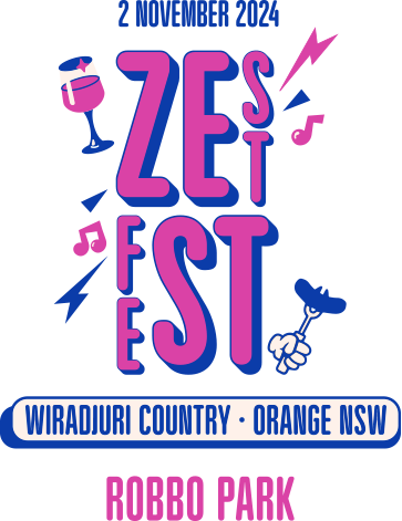 Zest Fest logo identity featuring the words zest fest and icons of music notes, wine glass, lightning bolt and a fork with a sausage. Below the logo are the words Wiradjuri Country Orange NSW Robbo Park